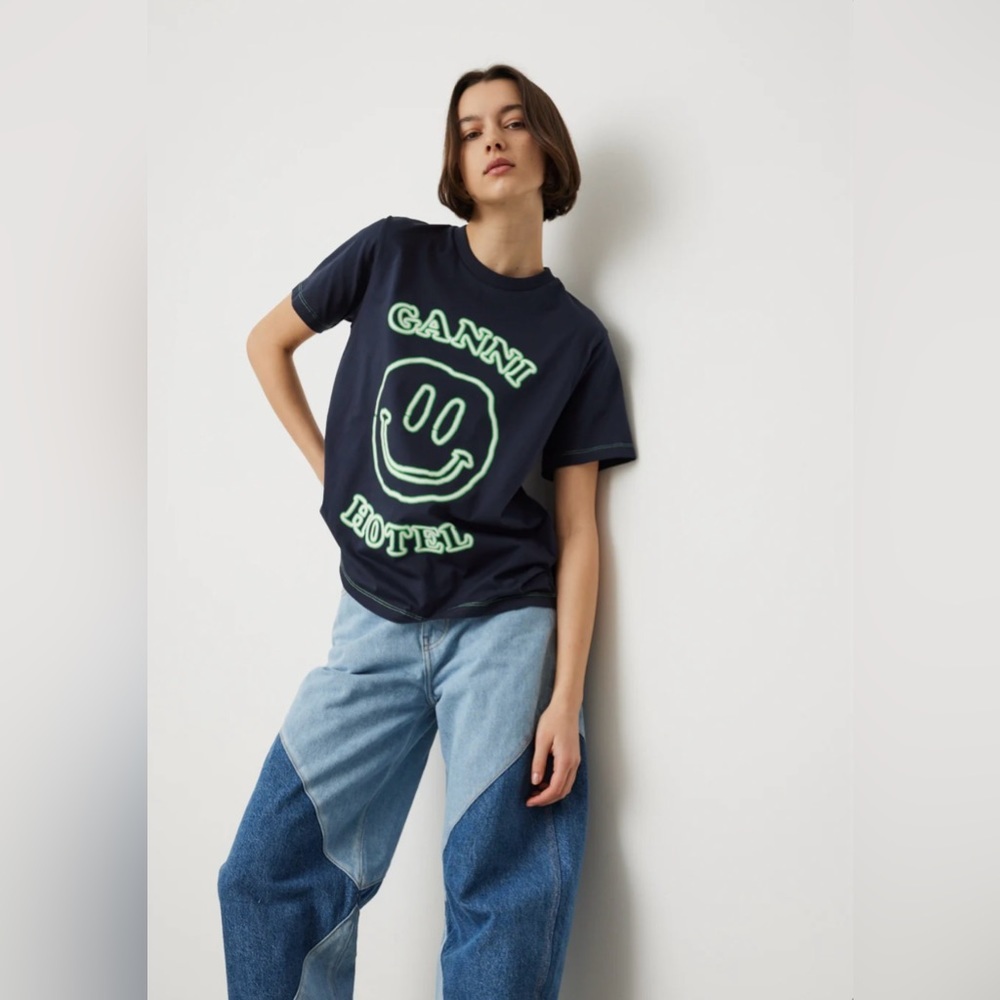 Ganni Navy Tee with Neon Green Print